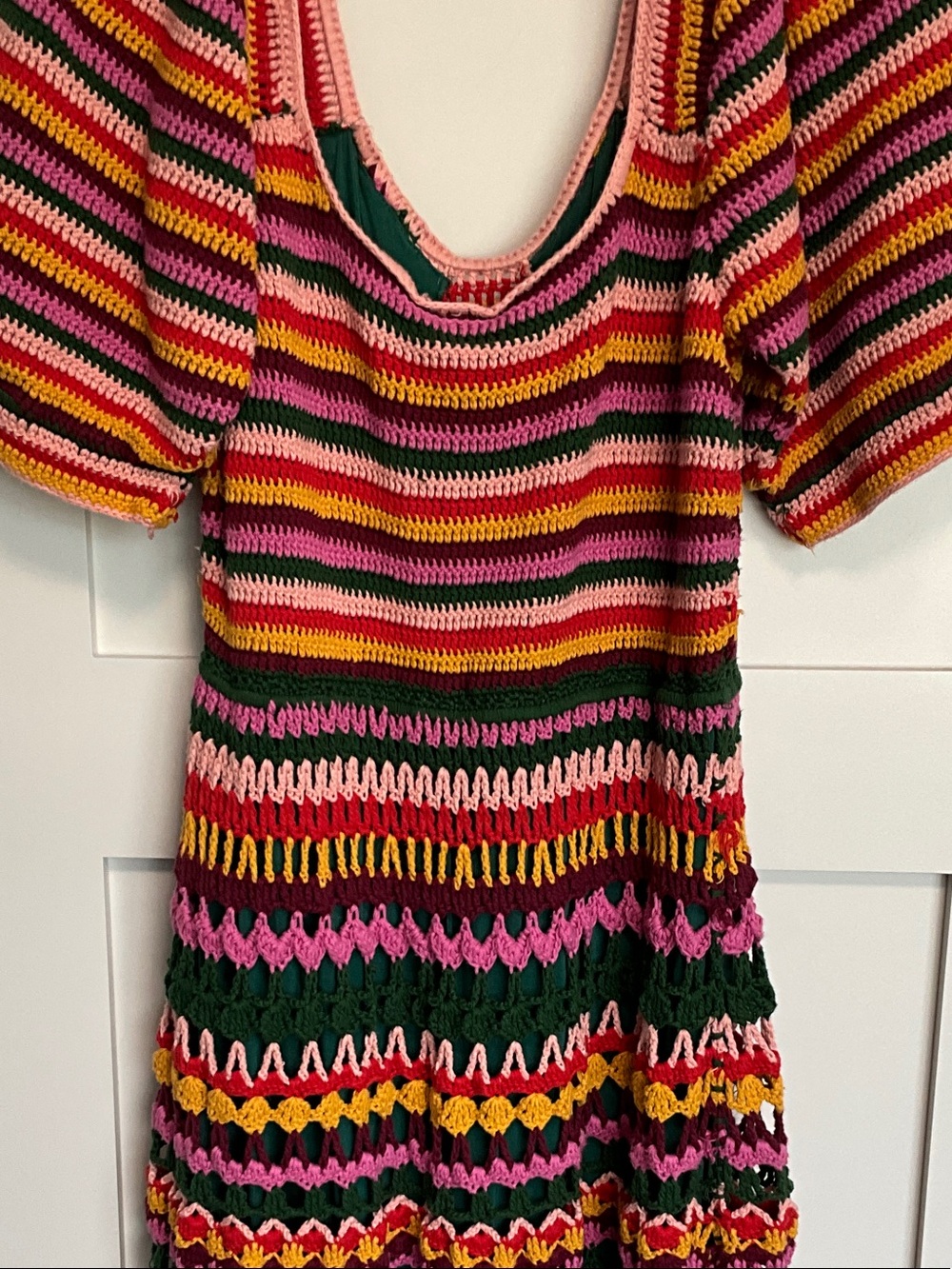 FARM Rio Multicolor Crochet Midi Dress in Pink, Green & Yellow - Picture 8 of 11
